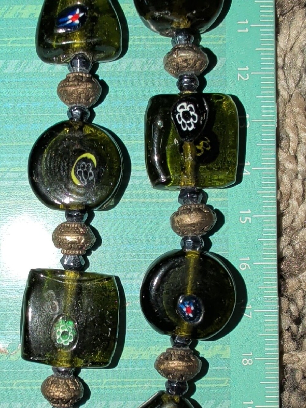 1950's Dual Strand Murano Venetian Olive Green Glass Millefiori Bead Necklace - Picture 9 of 16